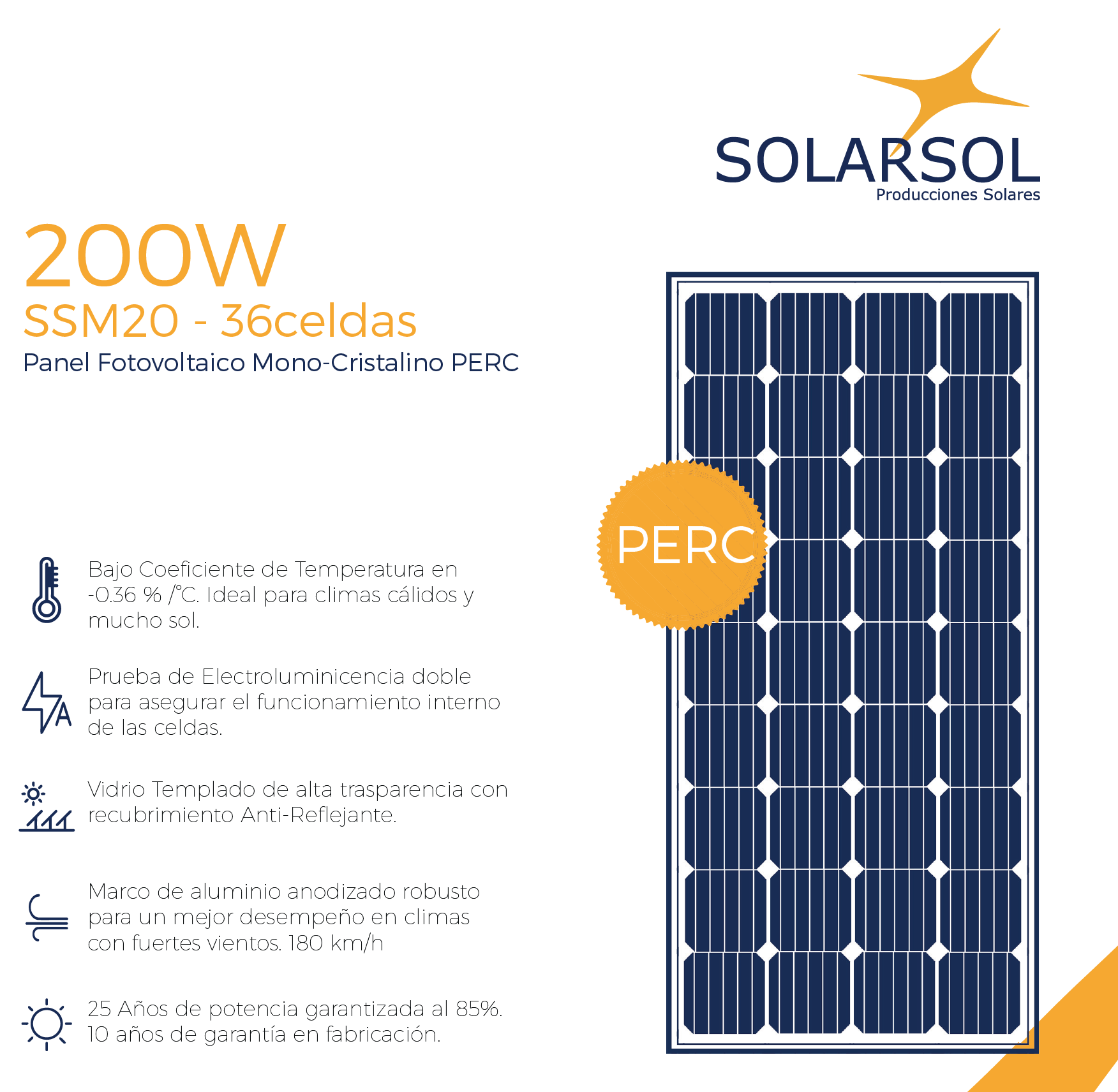 Panel Solar 200W Mono-Cristalino 36 Celdas SOLARSOL » ECO4SUN ☼ Soluciones  en Energía Renovable