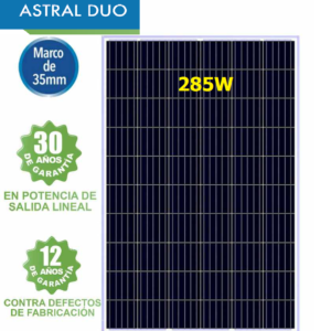 panel solar 285w policristalino doble vidrio 60 celdas astral duo