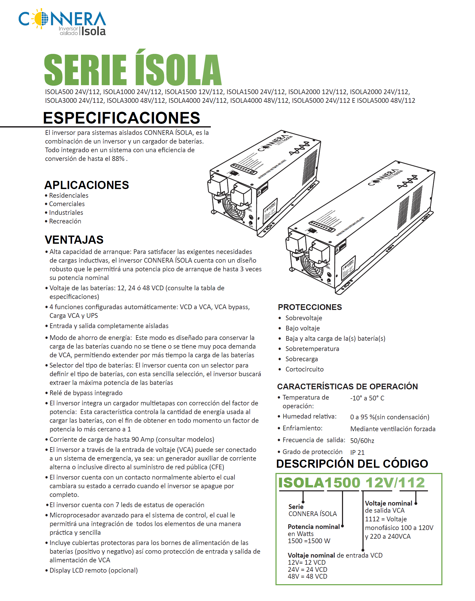 isola-espec inversor isola1500 12vcd/110vca onda pura
