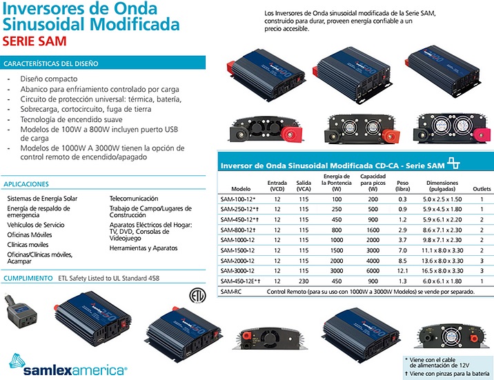 tabla-modelos800 inversor 800w 12v onda modificada samlex sam 800 12